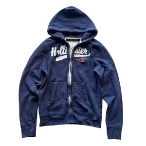 VTG Hollister Womens Navy Blue Full Zip Hoodie Logo Graphic Casual Comfort L
